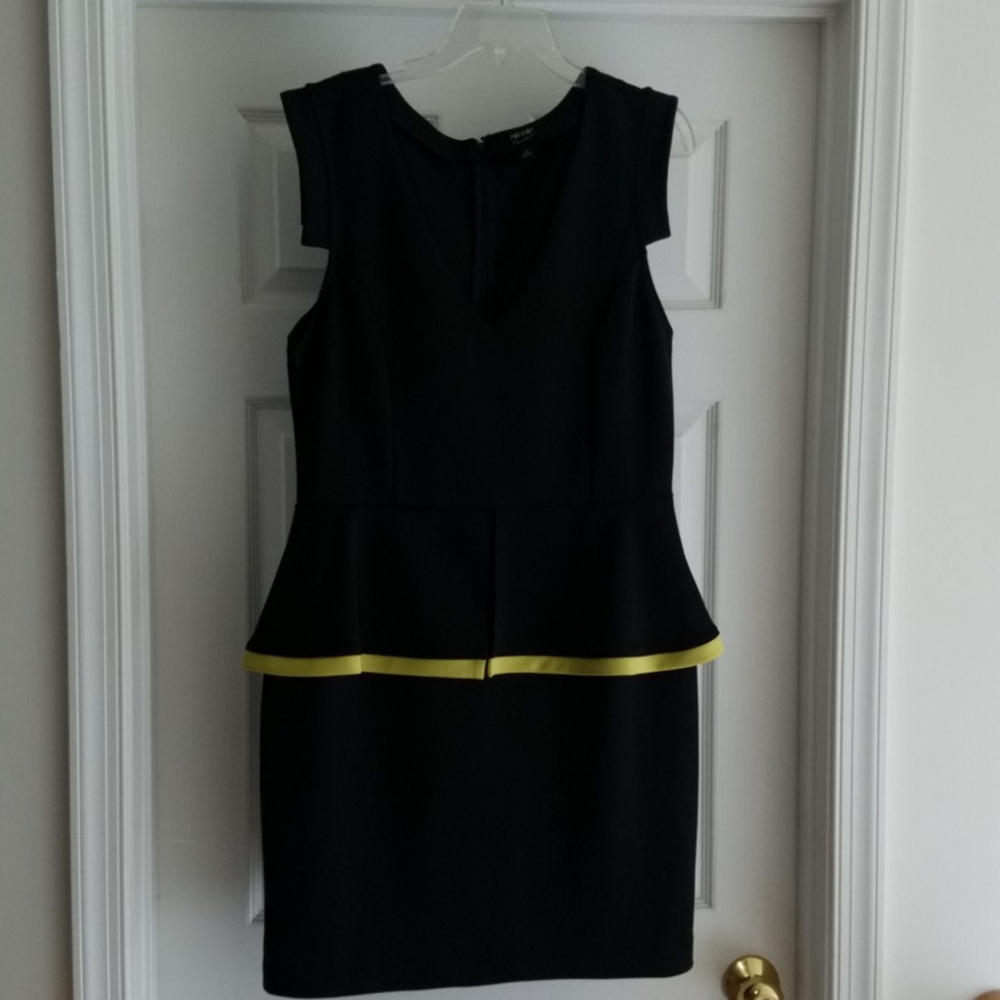 Peplum dress with deep v neck and yellow trim